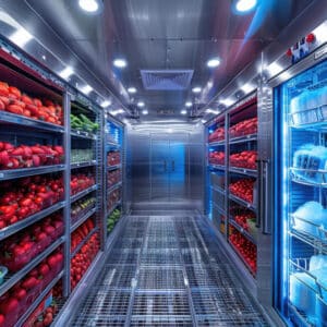 Chambre froide avec rayonnages remplis de fruits et légumes frais, éclairage LED pour une conservation optimale.