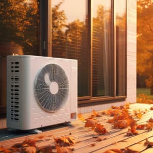 Unité extérieure de climatisation installée près d'une fenêtre, entourée de feuilles d'automne sur une terrasse en bois.