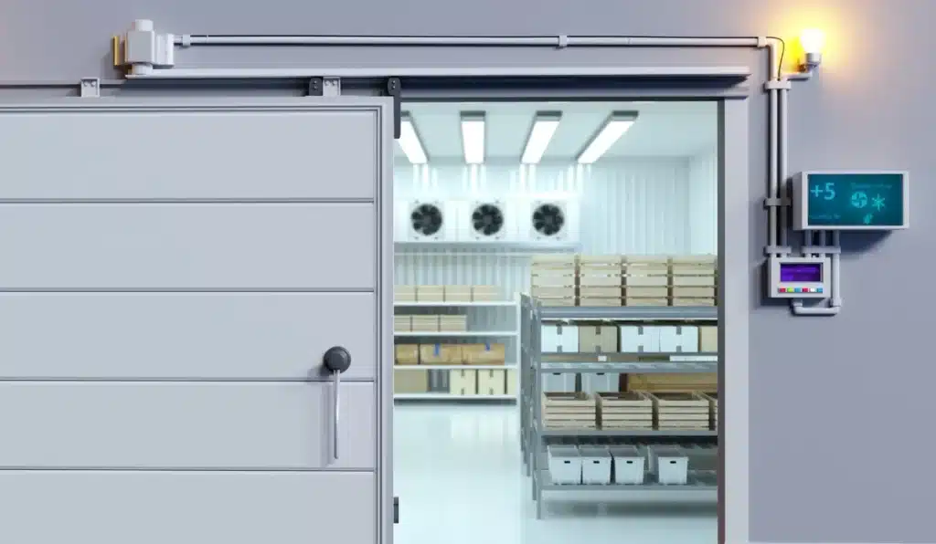 chambre froide positive avec rayonnages pour stockage de produits frais.
