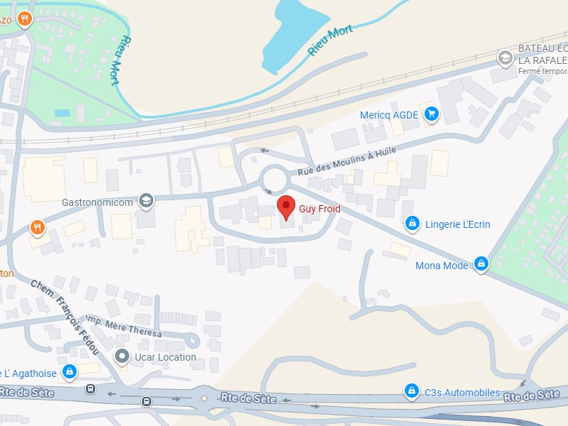 Carte localisant 'Guy Froid' près du rond-point sur la Rue des Moulins À Huile, près de Gastronomicom et Rieu Mort.